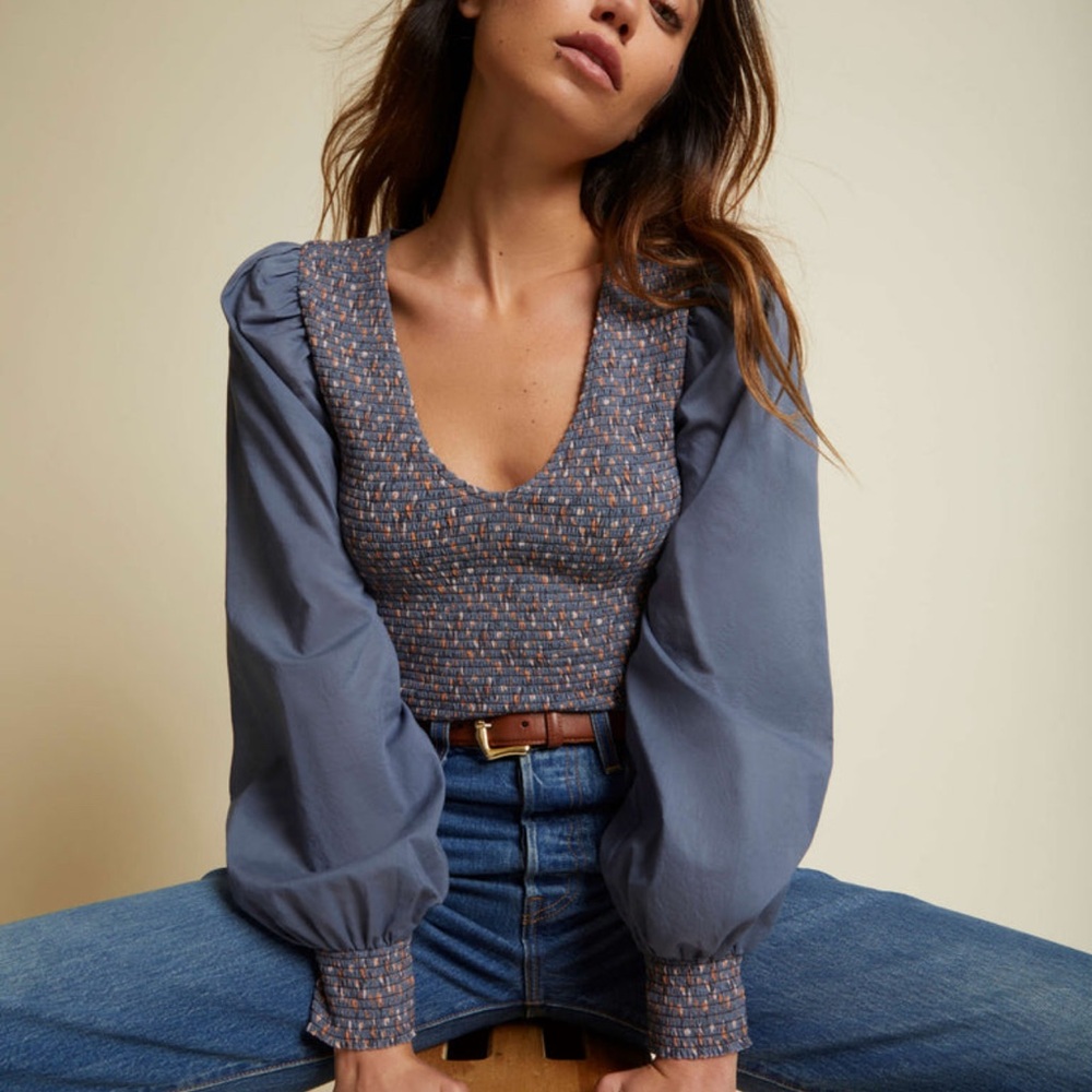 Nation LTD Della Smocked Puff Sleeve Top in blue